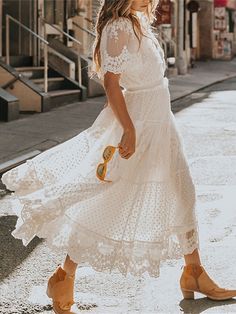 Women's Lace Dress Holiday Dress Swing Dress Maxi long Dress White Short Sleeve Pure Color Contrast Lace Summer Spring V Neck Elegant Vacation 2023 S M L XL 2023 - US $46.99 Summer Floral Dresses, Short Sleeve Lace Dress, Maxi Dress Outfit, Bohemian Dresses, Bohemian Maxi Dress, Short Sleeve Maxi Dresses, White Short Dress, White Dresses For Women, Boho Dresses