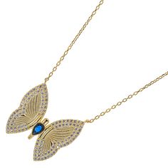 The Hope Butterfly Gold & Diamond Necklace, a mesmerizing piece of jewelry that exudes hope, beauty, and a touch of enchantment. This unique necklace features a sterling silver chain with an exquisite 18K gold plated finish, adorned with a breathtaking butterfly pendant adorned with sparkling cubic zirconia diamonds and a vibrant sapphire stone.  The Hope Butterfly Gold & Diamond Necklace serves as a reminder to embrace hope and optimism, even in the face of challenges. Let it be a symbol of str Blue Fine Jewelry With Detachable Pendant, Luxury Blue Pendant Necklace, Luxury Blue Necklace With Detachable Pendant, Blue Long Necklace Suitable As A Gift, Blue Clavicle Chain Necklace As A Gift For Her, Sapphire Pendant Necklaces With Adjustable Chain, Sapphire Pendant Necklace With Adjustable Chain, Elegant Blue Necklace With Delicate Chain, Blue Clavicle Chain Necklace For Wedding