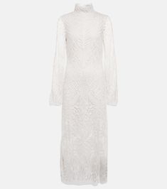 Bridal Borghese backless lace midi dress in white - Galvan | Mytheresa Elegant Evening Maxi Dress With Delicate Lace, Fitted Dresses With Delicate Lace For Evening, Elegant High-neck Lace Dresses, Delicate Lace Midi Dress For Formal Occasions, Formal High Neck Lace Dress, High Neck Lace Dress For Formal Occasions, Formal High-neck Lace Dress, Elegant High Neck Sheer Dress, Formal Midi Dress With Delicate Lace