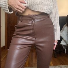 High Quality Faux Leather Plant With Soft Lining, Never Worn Out ! Size: Xs Fits Us 0-2 Brown High-waisted Leather Pants For Winter, Brown Pants For Night Out In Winter, Fitted Faux Leather Brown Bottoms, Fitted Brown Faux Leather Bottoms, Brown Pants With Pockets For Night Out, Fitted Brown Faux Leather Pants, Trendy Fitted Brown Leather Pants, Brown Leather Pant, Patent Leather Pants