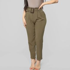 Brand New!!! Gorgeous Olive Pants With Matching Belt. Cuffed Pants, Elastic Band Across Waist, Size Medium High Waist Belted Khaki Bottoms, High Waist Khaki Belted Bottoms, Khaki High-waist Belted Bottoms, Trendy Belted Bottoms In Solid Color, High-waist Belted Khaki Bottoms, Casual Green Belted Pants, Casual High Waist Belted Bottoms, Casual High-waisted Belted Bottoms, Trendy Belted Trousers