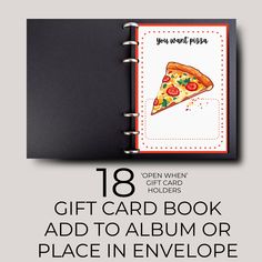 an open gift card book with pizza on it