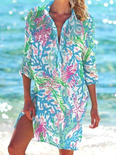 Women's Tropical Floral Print Beach Shirt Dress,Come to wonderclosets to Find your Favorite. Summer Long Sleeve Printed Beach Dress, Multicolor Beach Dress For Spring Holiday, Long Sleeve Printed Beach Dress For Summer, Printed Long Sleeve Beach Dress For Summer, Long-sleeved Floral Beach Dress, Long Sleeve Floral Beach Dress, Blue Long Sleeve Beach Dress For Spring, Long Sleeve Vacation Dresses, Casual Long Sleeve Dress For Beach Party