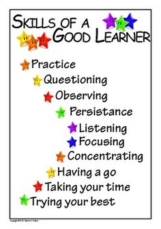 a poster with stars and the words skills of a good learner written on it