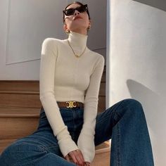 Mariana Turtleneck Sweater Knit Top Turtleneck Outfit Aesthetic, White High Neck Sweater, White Turtleneck Outfit, High Neck Sweaters Women, Turtleneck Sweater Outfit, White Jeans Winter, Turtleneck Outfit, Turtleneck Style, Effortless Outfit