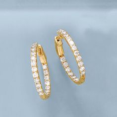 Ross-Simons - 1.50ct t. w. Diamond Inside-Outside Hoop Earrings in 14kt Yellow Gold. 3/4". What do you get when you take an all-time favorite earring style and add the most dazzling gemstone of them all? The perfect pair! 1.50 ct. t. w. round brilliant-cut diamonds shine inside and outside on these 14kt yellow gold hoops. Includes a vault lock on the post for added security. Hanging length is 3/4". Hinged post, diamond hoop earrings. Diamond birthstones are the perfect gift for April birthdays. Classic Halo Hoop Earrings, Classic Yellow Gold Hoop Earrings With Brilliant Cut, Fine Jewelry Yellow Gold Brilliant Cut Hoop Earrings, Fine Jewelry Yellow Gold Round Cut Hoop Earrings, Yellow Gold Brilliant Cut Hoop Earrings, Fine Jewelry Hoop Earrings With Brilliant Cut, Brilliant Cut Hoop Earrings Fine Jewelry, Classic Yellow Gold Hoop Earrings With Pave Setting, Brilliant Cut Diamond Hoop Earrings