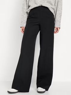 High-Waisted Pull-On Pixie Wide-Leg Pants | Old Navy Petite Wide Leg Dress Pants, High Waisted Wide Leg Dress Pants, Wide Leg Black Pants With Sneakers, Winter Work Pants Women, Petite Trousers Outfits, Black Work Pants Women, Best Work Pants For Women, Athleisure Business Casual, Comfortable Work Pants