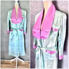 "More from the estate full of wonderful Asian textiles, this lovely robe looks to be unworn - original creases from folding, a couple of storage scuffs. Great mint, seafoam green with pink lapels , cuffs and pockets, delicate braid piping. MEASUREMENTS: will fit most Shoulder to shoulder: 18\" Sleeves: 19\" Bust, waist, hips : to 40\" Shoulder to hem: 46\" FABRIC (S): rayon CONDITION : very good, as noted ERA: 1940s, 1950s LABEL - none Please do not hesitate to ask any and all questions prior to Fitted Vintage Robe For Daywear, Vintage Long Robe For Daywear, Vintage Long Sleeve Robe For Daywear, Vintage Long Fitted Robe, Long Vintage Robe For Daywear, Long-sleeved Pink Vintage Robe, Japanese Souvenir, Asian Textiles, Womens Robes