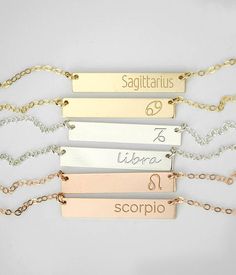 https://www.etsy.com/listing/474839011/?utm_content=buffer67444&utm_medium=social&utm_source=pinterest.com&utm_campaign=buffer Dainty Zodiac Bar Necklace, Tiny Gold Bar Astrology Necklace, Leo Zodiac, Virgo Necklace, Personalized Zodiac Jewelry Gift, horoscope gift #daniquejewelry Minimalist Zodiac Sign Jewelry Gift, Engraved Rectangular Jewelry For Best Friend, Virgo Necklace, Lariat Style Necklace, Bar Necklaces, Astrology Necklace, Zodiac Collection, Zodiac Virgo, Bar Pendant Necklace