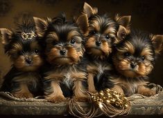 three small puppies sitting on top of a table next to a golden ball and chain