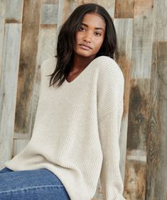 Jenni Kayne Cabin Sweater Oatmeal Oversized Cream V-neck Sweater, Cream Cashmere V-neck Sweater, Winter Relaxed Fit V-neck Sweater, Cozy Soft Knit V-neck Sweater For Layering, Oversized Chic V-neck Sweater For Layering, Chic Oversized V-neck Sweater For Layering, V-neck Sweater For Loungewear, Relaxed V-neck Tops For Fall, Cozy Relaxed Fit V-neck Sweater For Layering