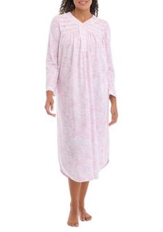 A honeycomb texture accentuates this printed long gown from Miss Elaine. | Miss Elaine Women's Honeycomb Long Gown, Pink, Medium Printed Long Gowns, Honeycomb Texture, Gown Pink, Nightgowns For Women, Pink Paisley, Top Beauty Products, Cashmere Coat, Long Gown, Plus Dresses