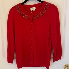 This Nwt Cardigan Is In Excellent Condition. Lovely Red Color With Embellishments Around The Collar. Likely Purchased From Outlet. Elegant Red Cardigan For Fall, Elegant Red Winter Cardigan, Elegant Red Sweater For Spring, Elegant Red Spring Cardigan, Red Color, Embellishments, Kate Spade, Outlet, Sweaters For Women