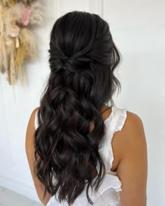 Relaxed Beachy Half Updo for Long Hair Bridesmaid Hairstyles Half Up Half Down Long Hair, Wedding Hair Asian Half Up, Relaxed Wedding Hairstyles, Half Up Half Down Wedding Hair Brunette Bridal Hairstyles, Long Brunette Bridal Hair, Wedding Updo Black Hair, Half Up Half Down Wedding Hair With Comb, Wedding Hair Medium Length Half Up, Half Updo Bridesmaid Hair