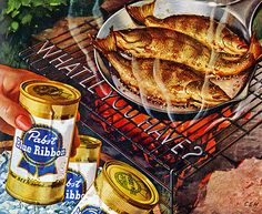 an advertisement for blue ribbon fish cooking on the grill with goldfish in it's pan