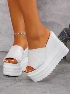 White Fashionable Collar   Plain  Embellished   Women Shoes White Synthetic Wedge Sandals With Thick Bottom, White Wedge Heel Sandals With Thick Bottom, White Thick Bottom Wedge Heel Sandals, White Chunky Platform Casual Wedge Sandals, Casual Wedge Sandals With Thick Bottom, White Casual Chunky Platform Wedge Sandals, White Synthetic Wedge Heel Platform Slippers, White Synthetic Platform Slippers With Chunky Platform, White Open Toe Platform Slippers With Thick Bottom