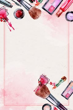 makeup brushes and cosmetics on a pink background with watercolor splashes in the middle