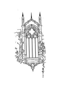 an ink drawing of a gothic church window with vines growing on the outside and inside