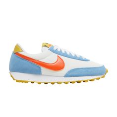 Find NIKE Wmns Daybreak 'university Orange on Editorialist. The Nike women’s Daybreak ‘University Blue Orange’ combines vibrant colors with heritage running style. The sneaker makes use of a white mesh upper with powder blue suede overlays along the forefoot, heel and eyestay. A bright orange leather Swoosh cuts across the midfoot, while contrasting pops of yellow land on the leather heel tab and woven tongue tag. Underfoot, the matching yellow rubber outsole features Nike’s iconic waffle traction pattern for optimal grip. Blue Athleisure Running Shoes With Rubber Waffle Outsoles, Blue Running Shoes With Rubber Waffle Outsoles For Athleisure, Nike Running Shoes With Gum Sole For Sports, Nike Sneakers With Vulcanized Sole For Running, Nike Retro Running Sneakers, Retro Nike Running Sneakers, Retro Nike Sneakers For Running, Nike Running Shoes With Vulcanized Sole For Sports, Nike Undercover