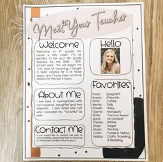 a poster with the words meet your teacher written in black and white, on top of a wooden table