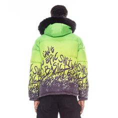 Puffer Jacket With Fur Hood In Neon Yellow Elevate your outerwear game and stay warm in our latest puffer jacket. Crafted from premium quality nylon, this puffer features a plush fur-lined hood that adds an extra layer of insulation while exuding a touch of luxury. With a vibrant green gradient body and graffiti detailing, this jacket is the perfect blend of fashion and function that will keep you on-trend and protected against the elements this winter.- Nylon- Fur-lined hood - 2 zipper pockets Urban Streetwear Parka With Padded Collar, Urban Style Parka With Padded Collar For Streetwear, Urban Style Parka With Padded Collar, Urban Parka With Padded Collar For Streetwear, Urban Hooded Puffer Jacket For Streetwear, Urban Style Hooded Puffer Jacket For Streetwear, Hooded Puffer Jacket For Streetwear, Winter Nylon Puffer Jacket For Streetwear, Urban Puffer Jacket With Double-lined Hood