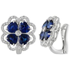 Delicate And Fun Earrings The earrings are 18K White Gold There are 3.60 Carats in Blue Sapphires Heart Shaped There are 0.56 Carats in White Diamonds F VS The earrings measure 0.50" Wide The earnings weigh 8.5 grams Blue Brilliant Cut Earrings For Anniversary, Blue Cluster Earrings Fine Jewelry, Fine Jewelry Blue Cluster Earrings, Blue Cluster Earrings In Fine Jewelry Style, Blue Clip-on Earrings Fine Jewelry, Blue Cluster Earrings For Anniversary, Anniversary White Gold Clip-on Earrings, Blue Round Cluster Earrings For Formal Occasions, Luxury Sapphire Halo Earrings