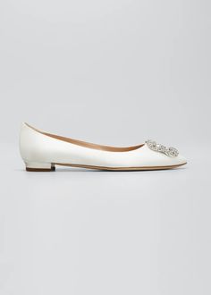 Manolo Blahnik Hangsi Satin Crystal-Buckle Ballerina Flats - Bergdorf Goodman Elegant Crystal Embellished Ballet Flats For Evening, Elegant Embellished Ballet Flats, Elegant Embellished Flat Ballet Flats, Elegant Low Heel Ballet Flats For Galas, Embellished Elegant Ballet Flats, Elegant Embellished Ballet Flats For Formal Occasions, Embellished Flats With Flat Heel For Formal Occasions, Elegant Flats With Flat Heel, Elegant Leather Ballet Flats For Wedding