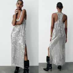 Gorgeous Sequin Dress From Zara, Sleeveless Midi Dress With Round Neck. Sequin Appliqus. Bloggers Favorite, Brand New With Tag. Color: Silver Material: 100% Polyester Glamorous Sleeveless Shimmer Maxi Dress, Chic Sleeveless Sequin Dress With Shimmer, Glamorous Sleeveless Slip Dress For Party Season, Metallic Sleeveless Party Dress, Silver Sleeveless Maxi Dress For Evening, Elegant Sleeveless Maxi Dress With Shimmer, Elegant Sleeveless Shimmer Maxi Dress, Silver Sleeveless Sequin Party Dress, Metallic Sleeveless Dress For Party Season