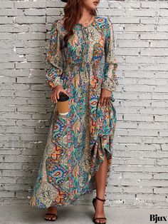 Bjux - Paisley Print Tie Front Dress - Elegant Vintage Long Sleeve Maxi Dress with Shirred Details for Women Casual Long Sleeve Dresses With Paisley Print, Casual Green Paisley Print Maxi Dress, Green Casual Paisley Print Maxi Dress, Fall Vacation Dresses With Paisley Print, Casual Long Sleeve Maxi Dress With Colorful Pattern, Multicolor Paisley Print Dresses For Fall, Flowy Patterned Maxi Dress For Fall, Casual Maxi Dress With Paisley Print For Spring, Casual Fitted Patterned Maxi Dress