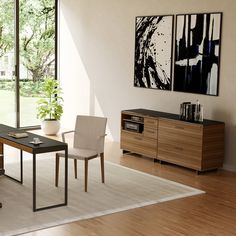 an office with two chairs and a desk in front of a large glass window that looks out onto the yard