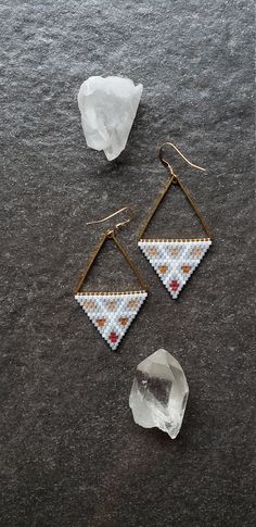 Spring brings color back into our lives. Pretty little spring colors in sparkling silk beads really pop against the gray Aurora Borealis finished beads. Simple white outlines it all. Woven onto gold plated triangles and finished with 14k gold filled ear wires. Made to order. Not available for wholesale. Handmade White Triangle Beaded Earrings, White Teardrop Jewelry With Tiny Beads, Triangle Shaped White Jewelry For Gifts, White Triangle Jewelry Gift, White Triangle Jewelry For Gift, Adjustable Triangle Beaded Earrings, Gold Geometric Beaded Earrings As A Gift, White Triangle Earrings For Gift, Gold Geometric Beaded Earrings For Gift