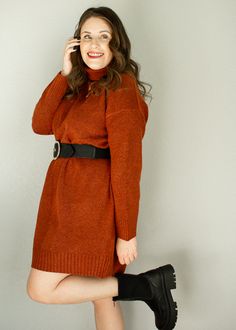 A soft, cozy, and very warm knit sweater dress, perfect for walks in early autumn. I love pairing this with our Newt Coat, or the Evermore shacket, for a full look! Dress is thickly knit, with a roll turtleneck, and loose boxy shape. It comes in a rust color, or nice, warm beigey camel. I've cinched it here with a belt, but wear it without if you want it extra comfy! Model is wearing a small Small: length - 31”, width - 24” Medium: length - 32”, width - 25” Large: length - 33”, width - 26” Remin Brown Maternity Sweater Dress, Brown Fitted Knit Sweater Dress, Brown Ribbed Stretch Sweater Dress, Brown Stretch Ribbed Sweater Dress, Brown Knit Long Sleeve Sweater Dress, Early Fall, Full Look, Knit Sweater Dress, Rust Color