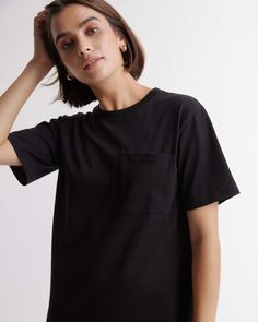 You found it, the perfect weekend dress. Warm-weather days call for our casual organic cotton T-shirt dress. It’s relaxed, it’s breathable, and always comfortable – with a crew neck, set-in sleeve, and chest pocket detail. An instant classic for any curated closet.  | Quince | Women's Relaxed T-Shirt Dress in Black, Size XS, Organic Cotton Casual Cotton T-shirt Dress With Relaxed Fit, Crew Neck T-shirt For Spring Weekend, Black Relaxed Fit T-shirt Dress With Crew Neck, Black Cotton T-shirt Dress With Relaxed Fit, Summer Boxy Fit T-shirt For Everyday, Relaxed Fit Crew Neck T-shirt Dress For Spring, Spring Weekend Crew Neck T-shirt, Spring Everyday Relaxed Fit T-shirt Dress, Casual T-shirt Dress With Relaxed Fit And Short Sleeves