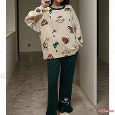 Qteee - Cute Bunny Cartoon Printed Pajamas Set Casual Printed Sleep Sets, Casual Home Sets For Fall, Casual Long Sleeve Home Sets, Casual Cartoon Print Sleep Sets, Casual Cartoon Print Sleepwear Sets, Casual Sleepwear Sets With Cartoon Print, Green Casual Sets With Cartoon Print, Casual Green Sets With Cartoon Print, Casual Cartoon Print Sleepwear For Winter