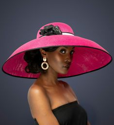 Description: Large pink paper straw hat (other colour options available - please specify) Large black nappa leather flower on right side White and black grosgrain sweatband Model wearing hat size medium - 59cm Handmade in UK Custom Made to Order Dispatched within 3 weeks RETURNS: Please note that as this product is custom made to your specifications, I cannot therefore allow returns or exchanges so please be sure of your purchase. This is in line with the Consumer Protection Regulations. Feel fr Luxury Brimmed Straw Hat For Spring, Chic Visor Sun Hat For Kentucky Derby, Luxury Straw Hat With Curved Brim For Spring, Luxury Curved Brim Straw Hat For Spring, Elegant Spring Visor Sun Hat, Elegant Visor Sun Hat For Kentucky Derby, Elegant Visor Sun Hat For The Kentucky Derby, Elegant Visor Hat For Spring, Luxury Spring Fedora Hat