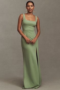 BHLDN Blake Square-Neck Stretch Crepe Maxi Dress Mog Dresses, Crepe Maxi Dress, Bhldn Dresses, Sage Green Dress, From Dress, Reception Room, Coastal Modern