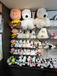 many different stuffed animals are on display in a room with shelves full of other plush toys