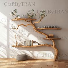 a wooden shelf with books and plants on it in the corner of a white room