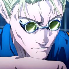 an anime character with green eyes and blonde hair, wearing blue shirt and sunglasses looking at the camera