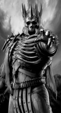 a black and white photo of a skeleton in armor