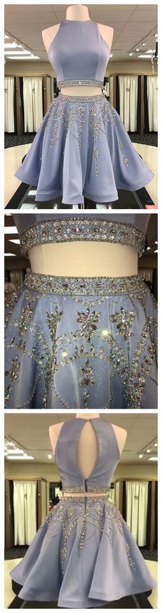 Two Pieces A-line Scoop Short Prom Dress Beaded Homecoming Dresses SKY991 2 Piece Bridesmaid Dress, Cheap Homecoming Dresses, Light Sky Blue, Short Bridesmaid Dresses, Rhinestone Dress, Homecoming Dresses Short, Hoco Dresses