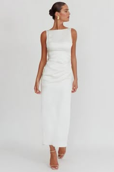 Shop the Leila Boat Neck Midi Dress Ivory | Selfie Leslie Boat Neck Satin Dress, Conservative White Dress, Cream Dresses Classy, Simple Modest White Dress, Mid White Dress, White Wedding Guest Outfit Classy, Elopment Dresses Midi, White Silk Midi Dress, Elegant White Mini Dress