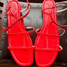 Women J Crew Abbie Sandals Leather T-Strap Sandals In Neon Poppy Sz 9,5 Nwot 0001 Sa2 Red T-strap Sandals With Ankle Strap, Red Ankle Strap T-strap Sandals, Red Sandals With Buckle Closure For Summer, Red Buckle Closure Sandals For Summer, Red Casual T-strap Sandals For Spring, Casual Red T-strap Sandals For Spring, Red Slingback Sandals With Buckle Closure For Summer, Spring Evening T-strap Flat Sandals, Evening Sandals With Red Sole And Flat Heel