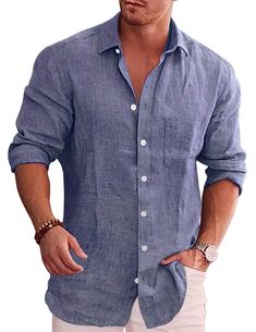 PRICES MAY VARY. MATERIAL --- Button down shirt for men is make by hight quality faric, lightweight, soft, comfortable, casual, skin-friendly, perfectly suitable for all seasons. CASUAL DESIGNER SHIRT --- The chambray linen work shirt, premium, patch pocket at chest, button down closure, adjustable cuff, business, plain casual solid color dress shirts. CLASSIC AND STYLISH LOOKING --- The linen twill slim fit button down shirts for men has the exquisite craft, lightly tapered through the waist fo Cowboy Shirts For Men, Womens Dress Suits, Polo Long Sleeve, Outfit White, Cowboys Shirt, Outfit Black, Classic Casual, Outfit Women, Fashion Business