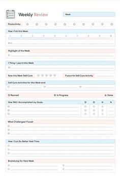 the weekly review form is shown in blue and white, with pink dots on it