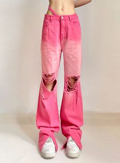 Name of fabric: denimStyle: straight pantsPants: straight typeType: high waistPopular element: washingColor: pinkSizes: S,M,L Pink Straight Leg Pants For Fall, Cool Gradient, Jeans Rosa, Making Outfits, Wide Leg Pants Outfit, Streetwear Inspo, Pastel Fashion, Denim Patterns, Stage Outfit