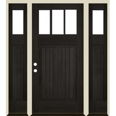 the front door is black and has two sidelights