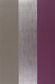 an abstract painting with vertical stripes in shades of purple and grey, on a wall