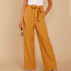 Similar To Picture Shown, These Are Yellow Striped Dress Pants As Shown In Second Picture. Nice And Flowy With A Tie Chic Yellow Cotton Pants, Yellow Cotton Pants For Day Out, Chic Mustard Bottoms For Spring, Mustard Summer Workwear Pants, Summer Workwear Mustard Bottoms, Yellow Pants With Pockets For Day Out, Yellow Pants For Spring Day Out, Yellow Pants For A Day Out, Yellow Bottoms For Day Out In Fall