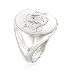 Ross-Simons - Single-Initial - Sterling Silver Signet Ring Size 8. Making a comeback among trendsetters, this always-classic sterling silver signet ring is a clear winner. Would make a lovely gift. Make it personal with a FREE engraving of a single initial in your choice of block or script type. 3/4" wide. Sterling silver personalized signet ring. Silver Timeless Initial Ring For Anniversary, Timeless Silver Initial Ring For Anniversary, Timeless Silver Initial Ring For Formal Occasions, Classic White Jewelry With Initials, Timeless Silver Initial Ring, Timeless Silver Initial Ring For Wedding, Classic Formal Initial Ring With Hallmarks, Classic Sterling Silver Engraved Ring In White, Elegant Everyday Signet Ring Stamped 925